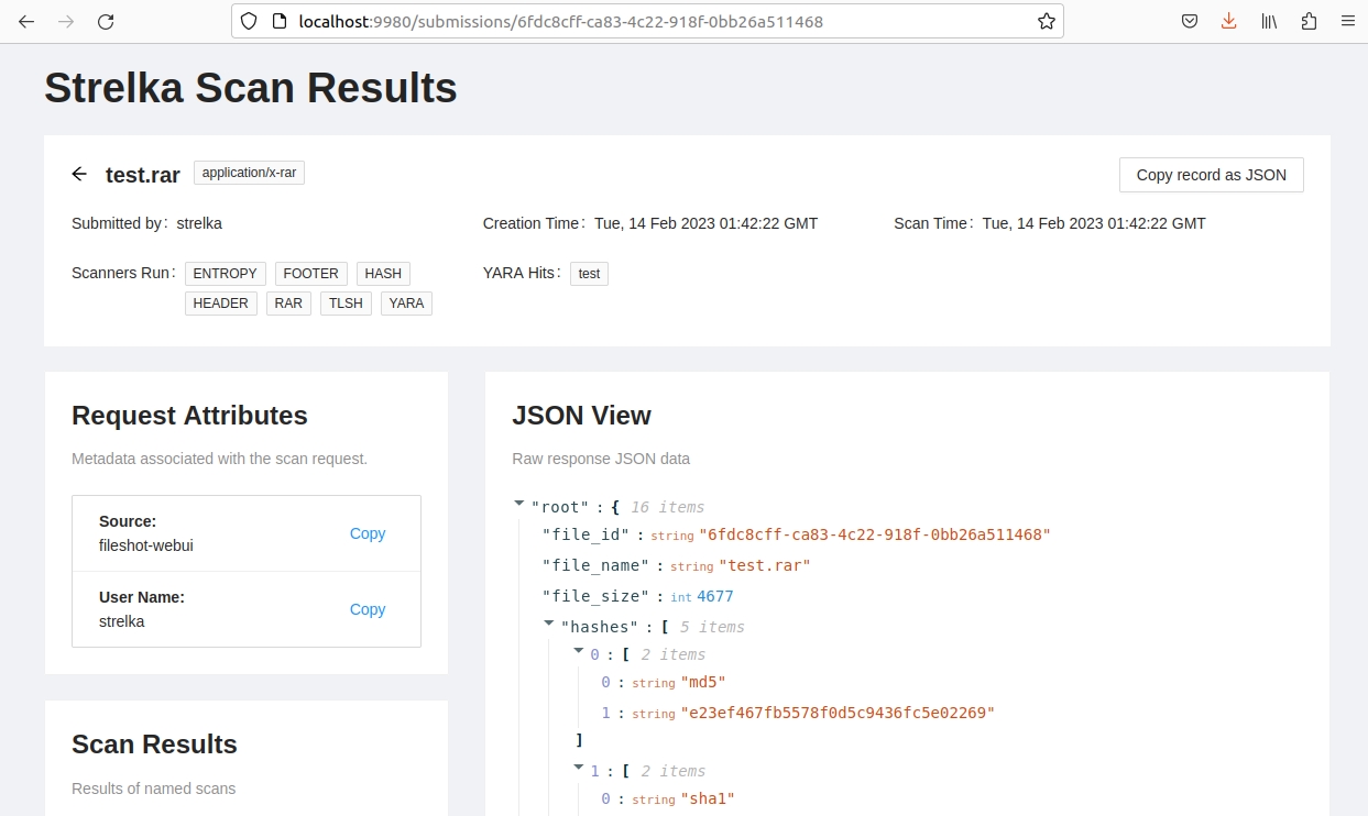 Strelka UI result page with json event